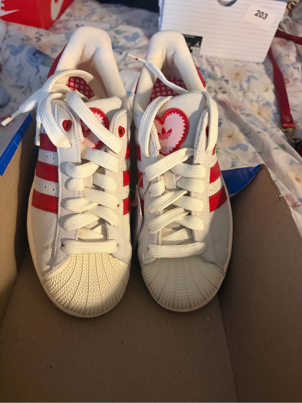 adidas White and Red Women's Shell Toe Sneakers
